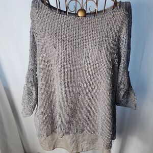 Vtg Crochet Mesh Tempo Paris Size M Silver Gray Sequin Shimmer Top